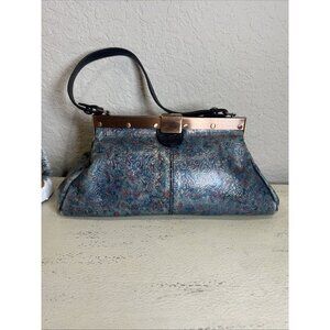 Patricia Nash Blue Embossed Floral Leather Snap Latch Doctor Style Shoulder Bag